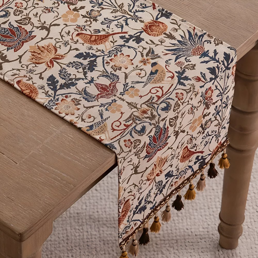 BowLift | EVERBLOOM LINENS – Elegant Table Runner with Floral & Bird Jacquard Design