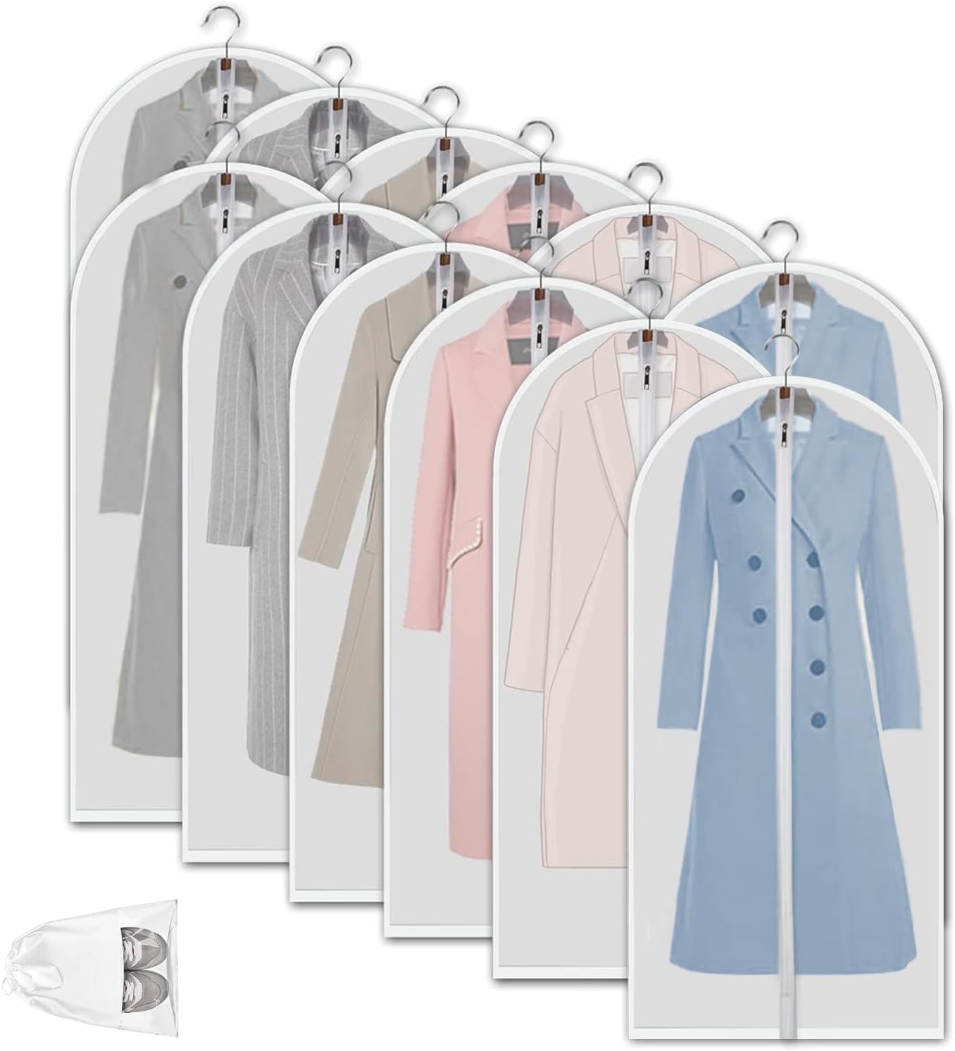 BowLift | Clear PEVA Garment Storage Bags – 12 Pack Dustproof Clothes Protectors – 1+1 FREE
