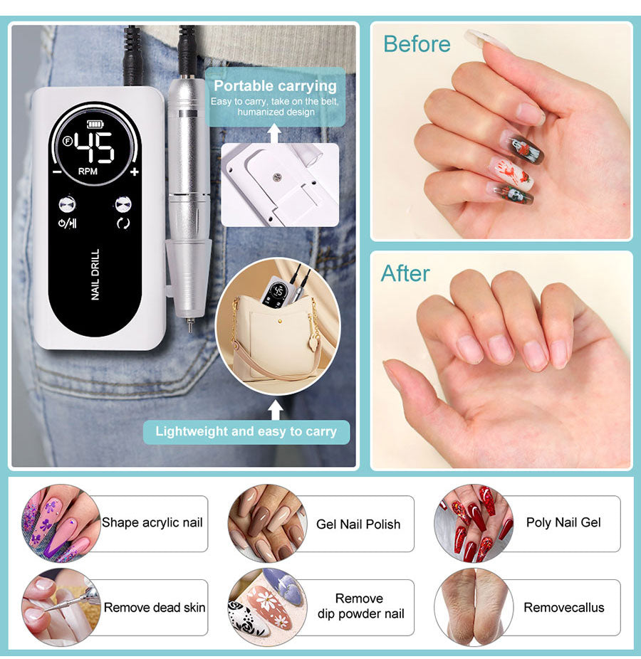 BowLift | ProNail 45000RPM Electric Nail File – Portable Rechargeable E-File for Manicure & Acrylic Nails | Low Noise