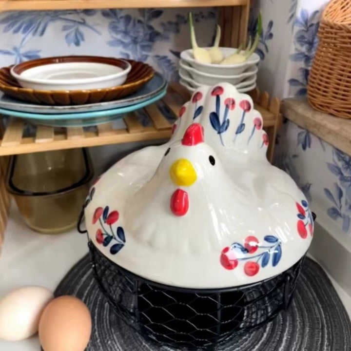 BowLift | Ceramic Egg Holder Chicken with Wire Basket