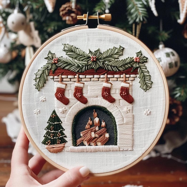 BowLift | Christmas Embroidery Kit | Winter Snowy Village Pattern | Beginner Craft Set with Hoop & Threads