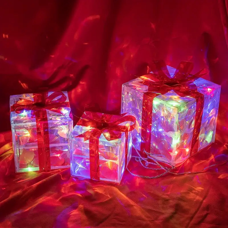 BowLift | GlowBox LED Gift Boxes – Set of 3 Illuminated Christmas Gifts for Indoor and Outdoor
