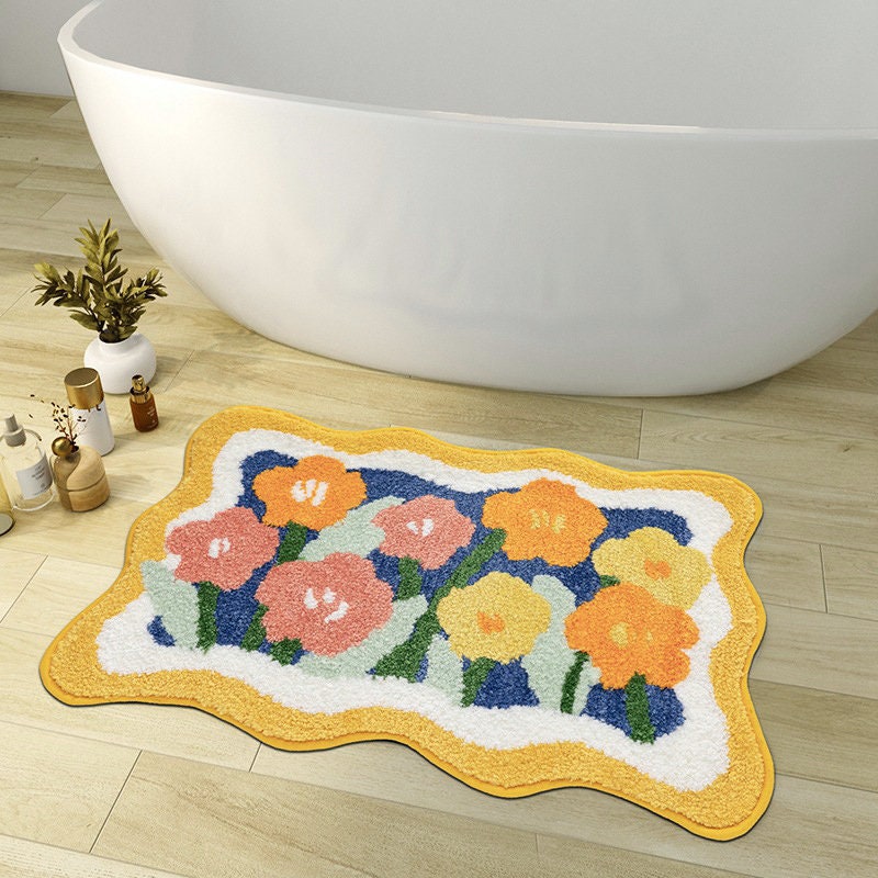BowLift | Colorful Flower Bathroom Mat, Orange Flora Soft Bathroom Rug, Woven Bath Mat, Purple Tulip Water-Absorbent Non-Slip Bath Mat