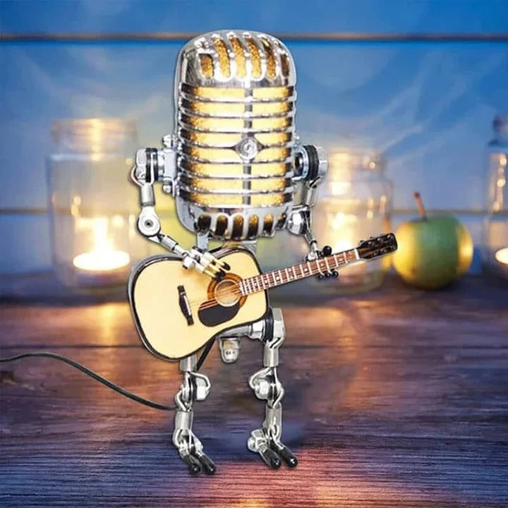 BowLift | Industrial Style Robot Lamp with Guitar and Vintage Microphone Design