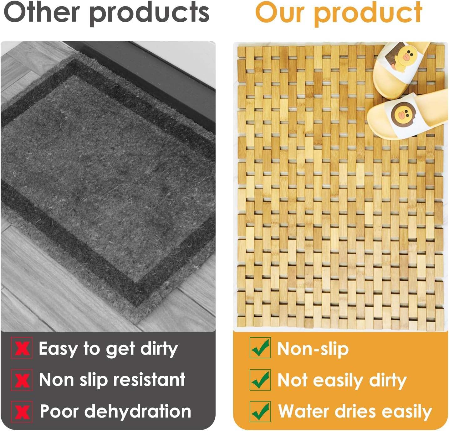 BowLift | Bamboo Bath Mat Non-Slip Water Repellent Runner Rug For Bathroom Natural Wood Bathroom Shower Rug Non-Slip Fabric