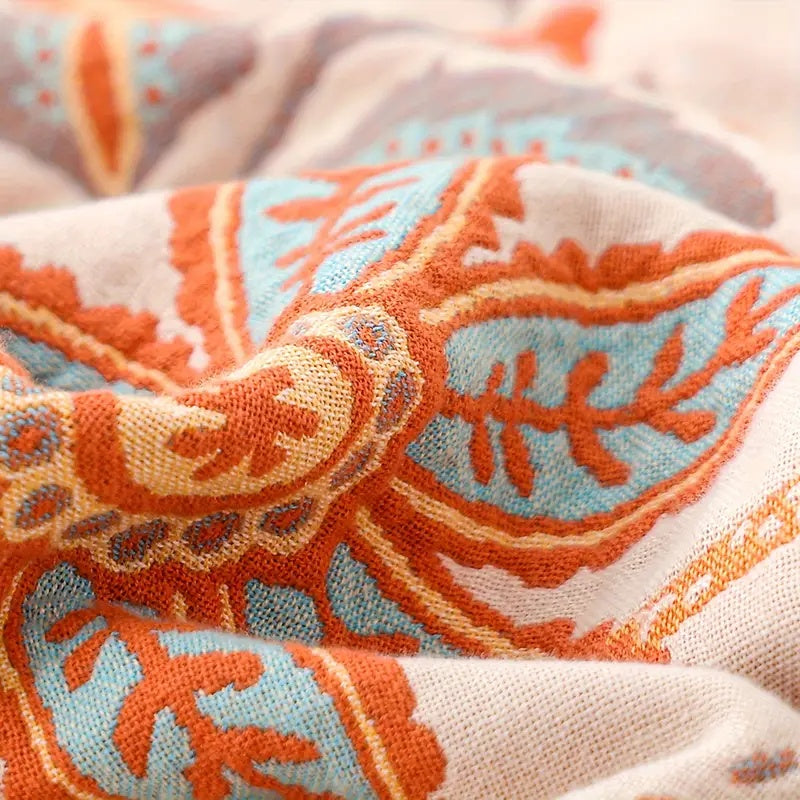 BowLift | Boho Floral Cotton Throw Blanket with Fringe – Cream & Orange