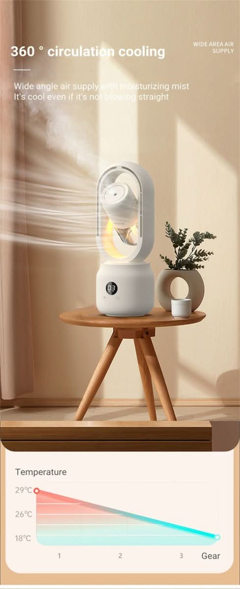 BowLift | Portable fan without blades with humidifier and night light for refreshing comfort