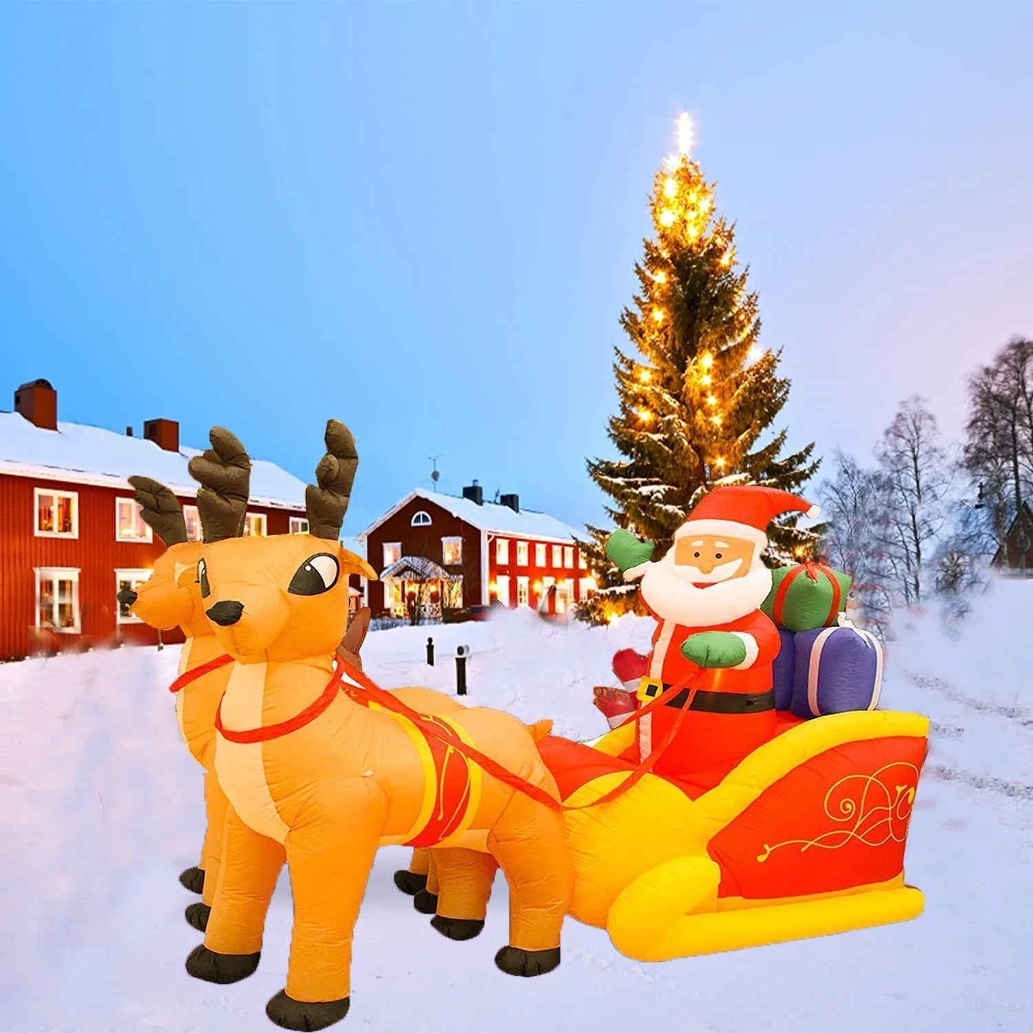 BowLift | Inflatable Santa Claus Christmas Decor - Inflatable Santa on Sleigh with Reindeer Holiday Decoration