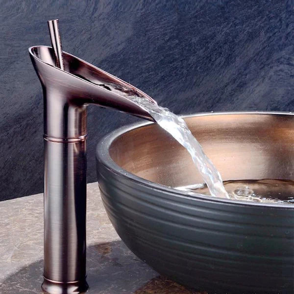 BowLift | Antique Brass Waterfall Basin Tap – Vintage Bathroom Mixer Faucet with Hot & Cold Control