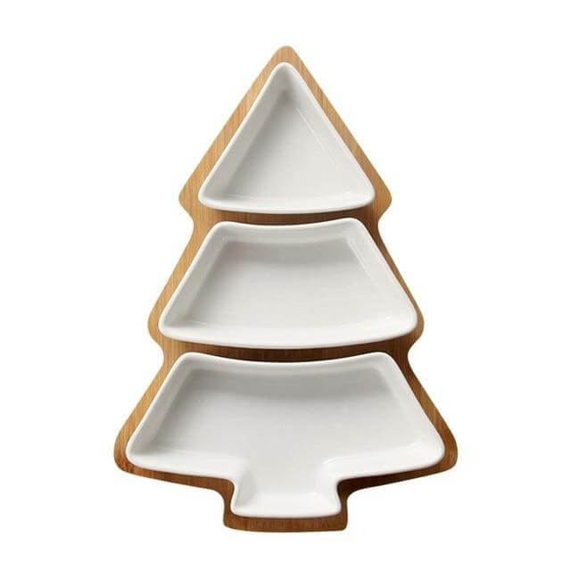 BowLift | Christmas Tree Ceramic Plates With Bamboo Base Stand