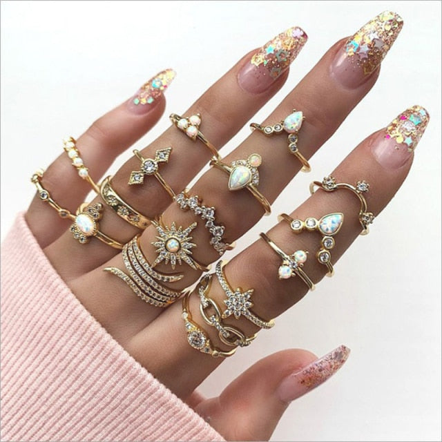 BowLift | Fashion Crystal Gold color Geometric Knuckle Rings set