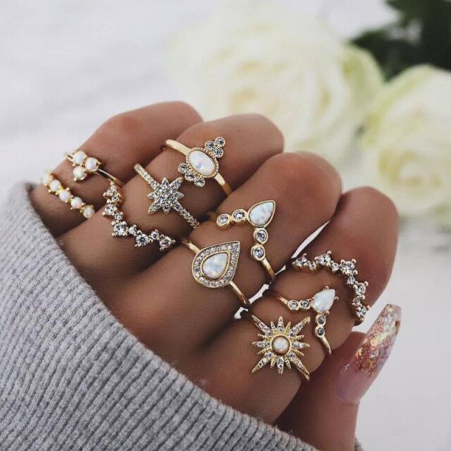 BowLift | Fashion Crystal Gold color Geometric Knuckle Rings set