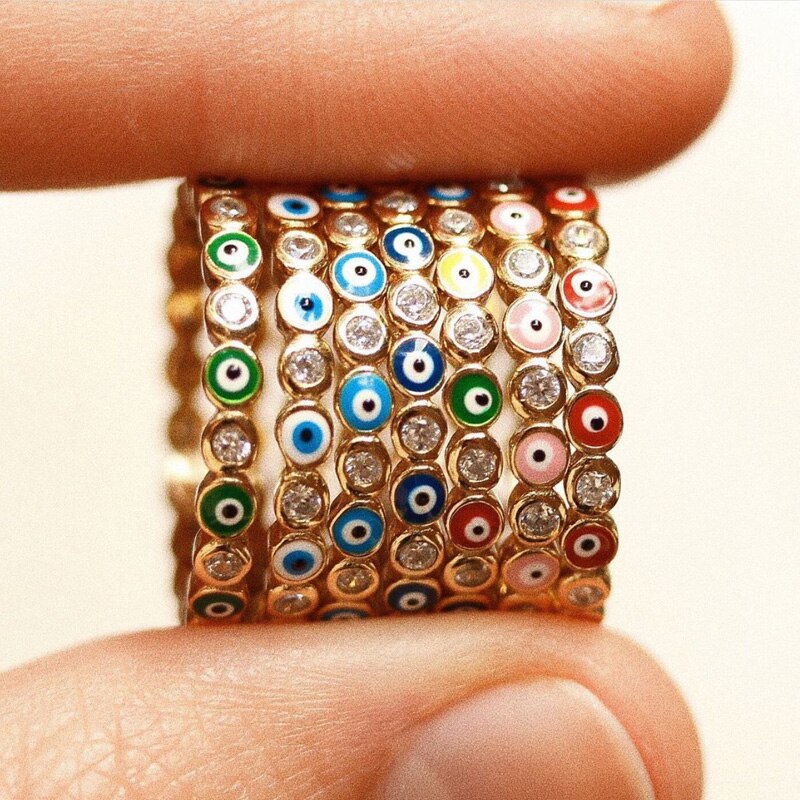 BowLift | Bohemian Rainbow Evil Eye Rhinestone Filled Gold Rings