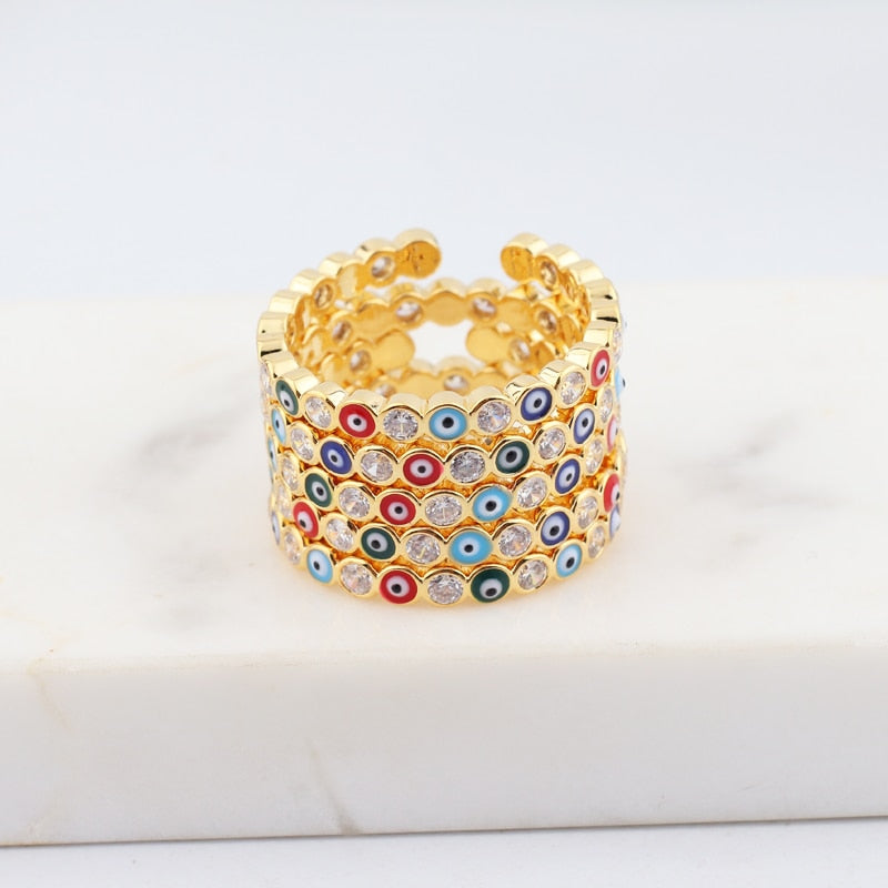 BowLift | Bohemian Rainbow Evil Eye Rhinestone Filled Gold Rings
