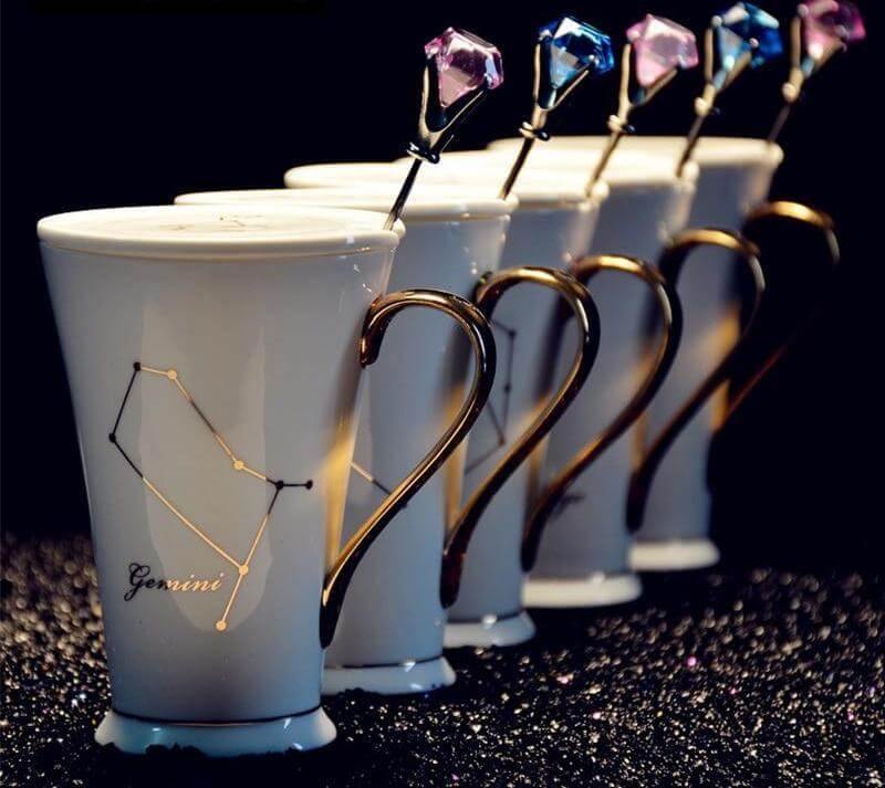 BowLift | White And Gold Ceramic Coffee mugs with Zodiac Signs