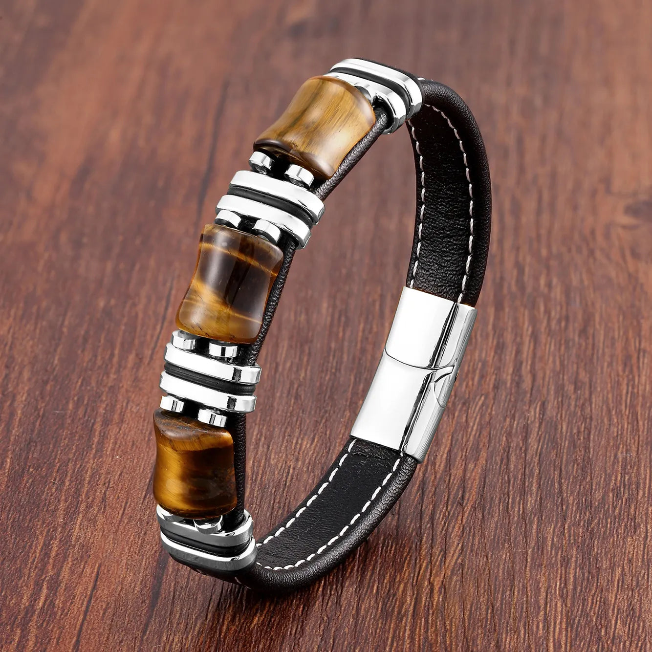 BowLift | Bracelet Leather Gold | Tiger Eye Beaded Men’s Jewelry