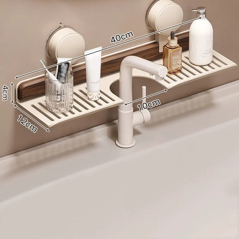 BowLift | Bathroom suction cup sink shelf in walnut design