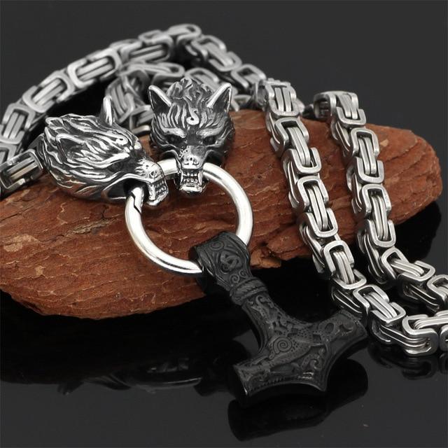 BowLift | 60–90 cm Stainless Steel Double Wolf Head & Mjolnir Survival Spirit Necklace/Bracelet