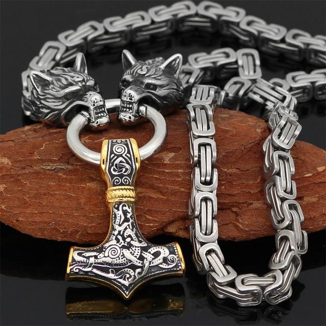 BowLift | 60–90 cm Stainless Steel Double Wolf Head & Mjolnir Survival Spirit Necklace/Bracelet