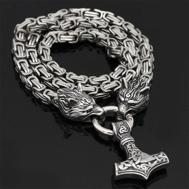 BowLift | 60–90 cm Stainless Steel Double Wolf Head & Mjolnir Survival Spirit Necklace/Bracelet