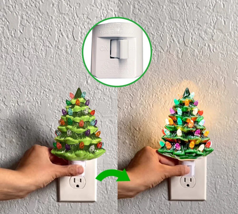 BowLift | Vintage Ceramic Christmas Tree Night Light – Hand-Painted Plug-In Holiday Glow