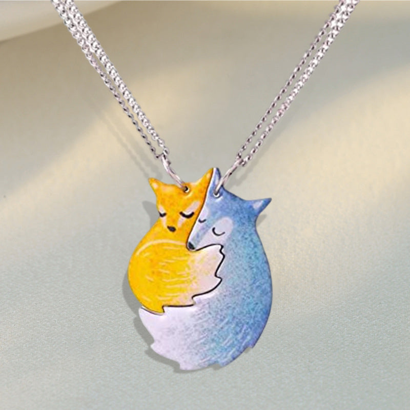 BowLift | Hand-painted Fox and Wolf Couple Embrace Necklace