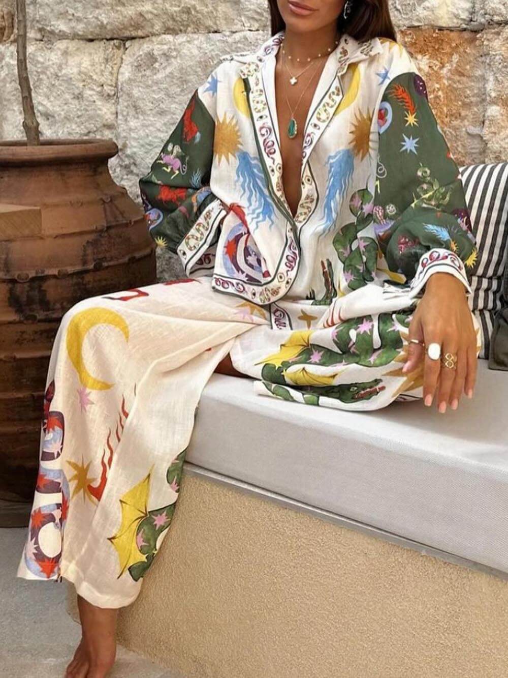 BowLift | Unique Print Long Sleeve Shirt and Elastic Waist Pants Set