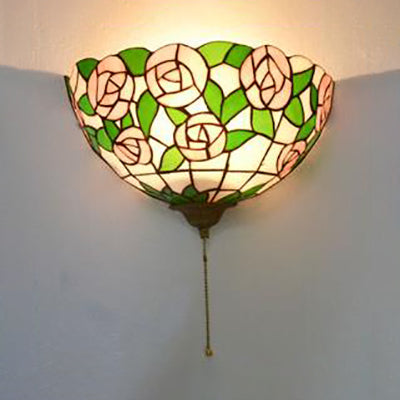 BowLift | Rose pink wall-mounted lamp with pull chain and green leaf pattern 1 light stained glass Tiffany wall lamp