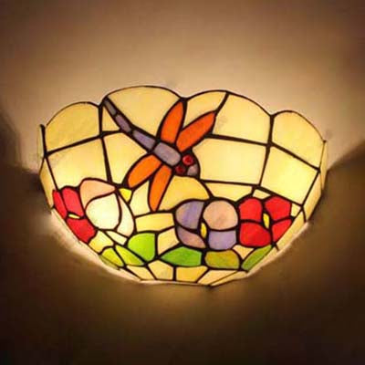 BowLift | Country Style Bowl Wall Lamp with Dragonfly and Flower 2 Lights Art Glass Wall Lighting for Bedroom