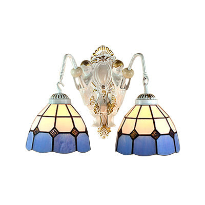 BowLift | White 2 Heads Wall Light Tiffany White-Blue Glass Grid Pattern Wall Mount Light