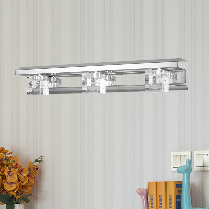 BowLift | Chrome Finish Linear Wall Lamp Modern Crystal Cube 2/3 Heads Bathroom LED Wall Mount Lighting in Warm/White Light