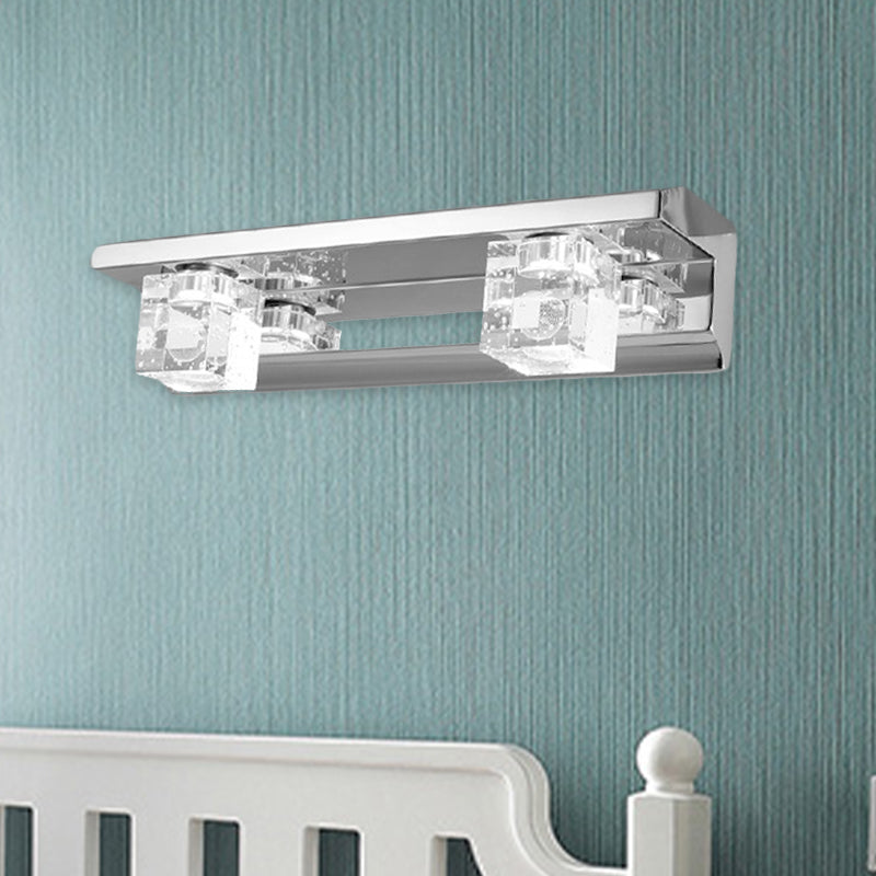 BowLift | Chrome Finish Linear Wall Lamp Modern Crystal Cube 2/3 Heads Bathroom LED Wall Mount Lighting in Warm/White Light