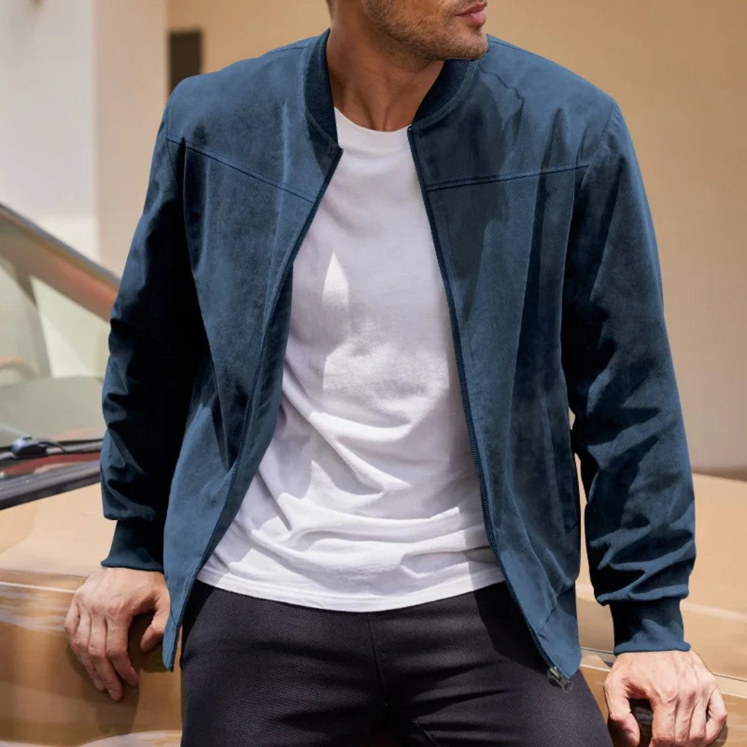Suede Finish Bomber Jacket with Rib Detail