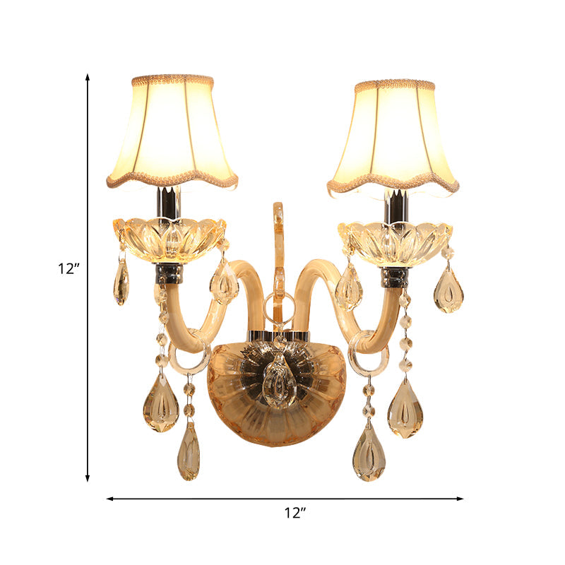 BowLift | Amber Glass Candle Wall Light Traditional 1/2-Bulb Bedroom Wall Light with Waved Fabric Shade