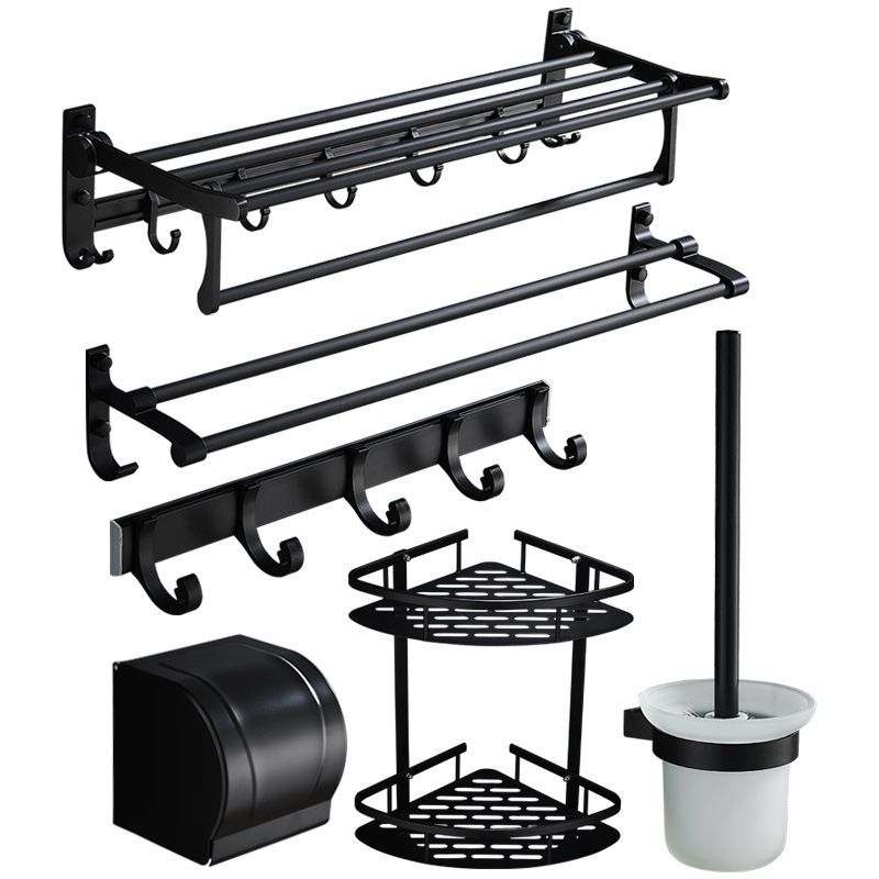 BowLift | 6-piece modern bathroom hardware set in matte black with bathroom shelf/towel holder & bathrobe hooks