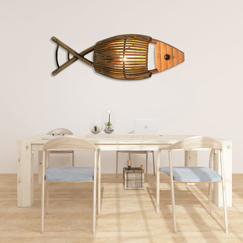 BowLift | Tropical Style Fish Design Wall Mounted Light Bamboo 1-Light Dining Room Wall Lamp Lighting in Wood