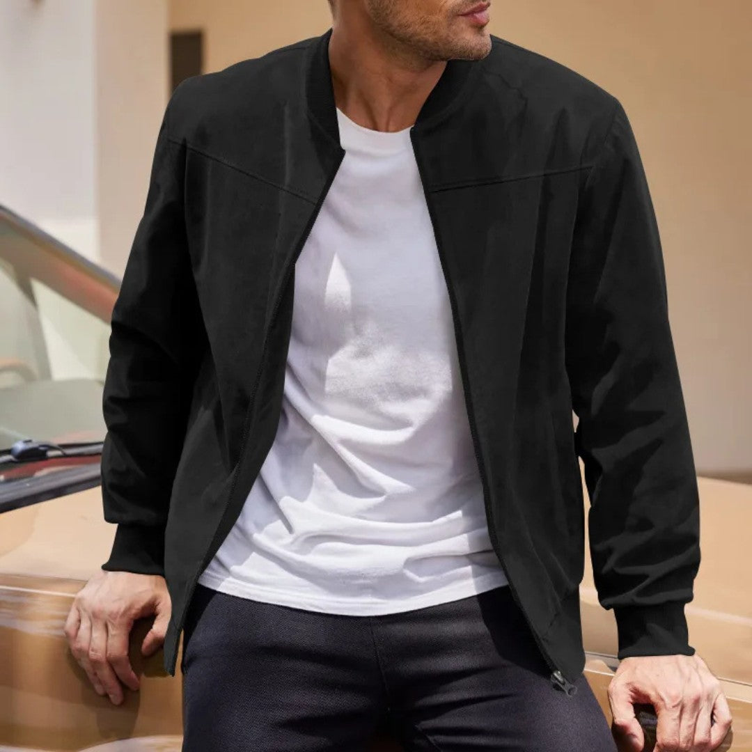 Suede Finish Bomber Jacket with Rib Detail