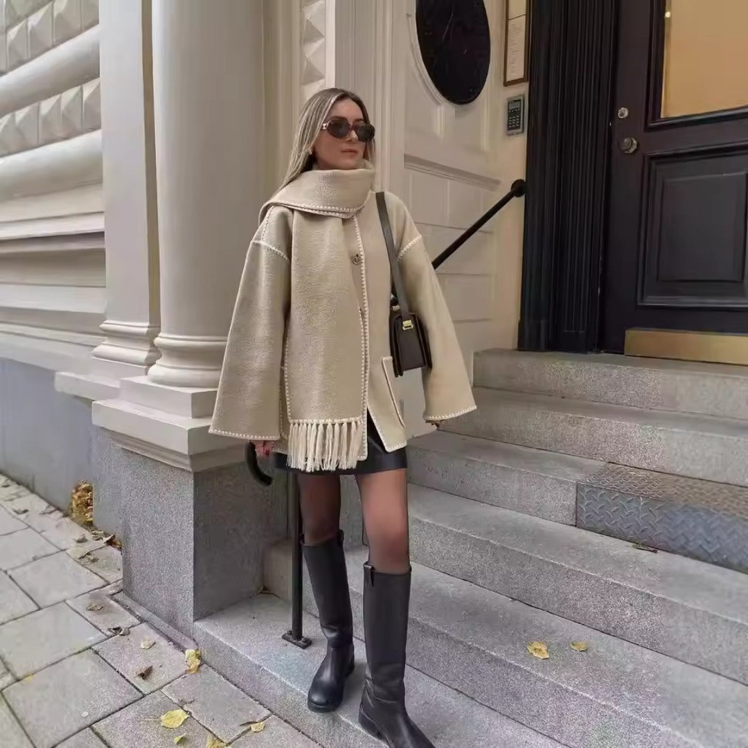 Scarf Coat in Soft Fabric with 2-in-1 Layered Design