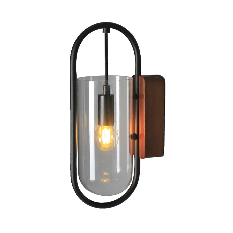 BowLift | Black Cylinder Wall Light Industrial 1 Light Clear/Amber Glass Wall Mount Light