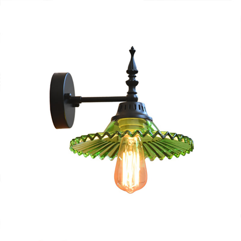BowLift | Clear/Green Glass Black Wall Light Cone/Wide Flare 1-Light Industrial Wall Lamp for Living Room