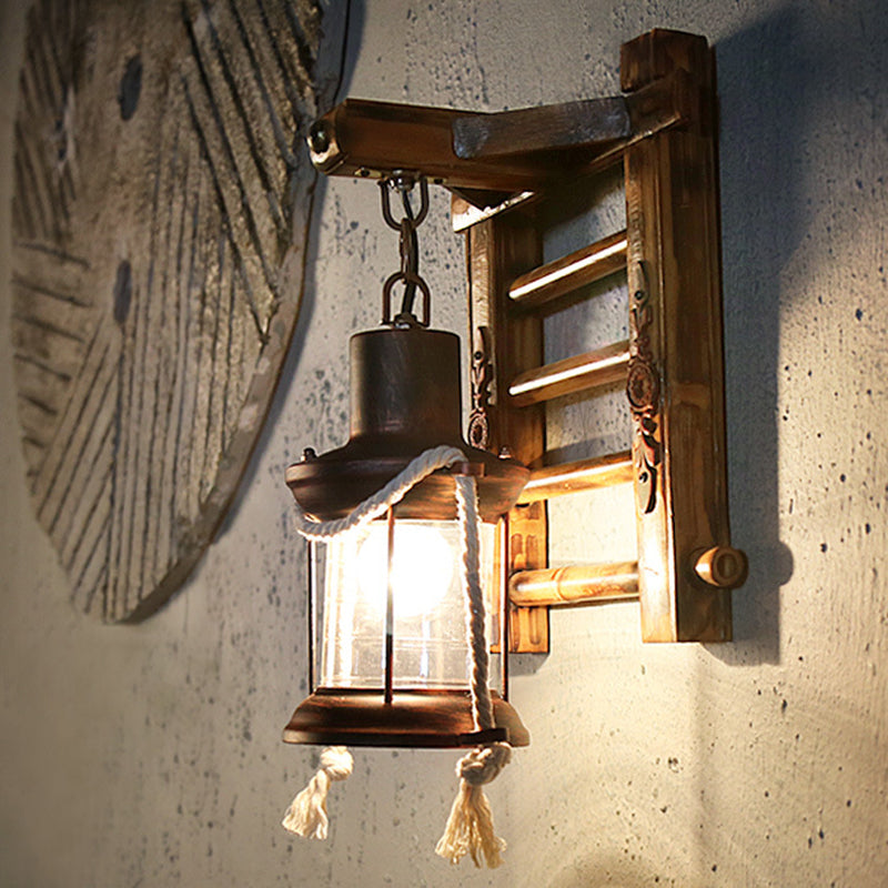 BowLift | Antique Copper Cylinder Wall Lighting Vintage Clear Glass 1 Light Porch Sconces Light with Cage and Wooden Backplate