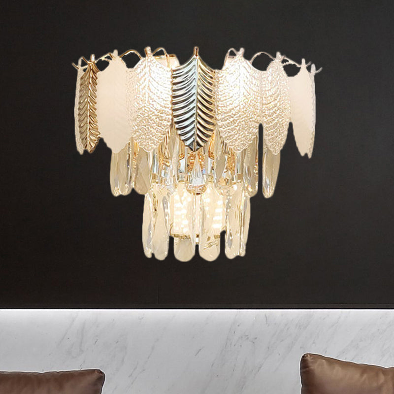 BowLift | 3 Heads Conical Wall Sconce Light Modern Clear Crystal Wall Lamp with Golden and Acrylic Leaves