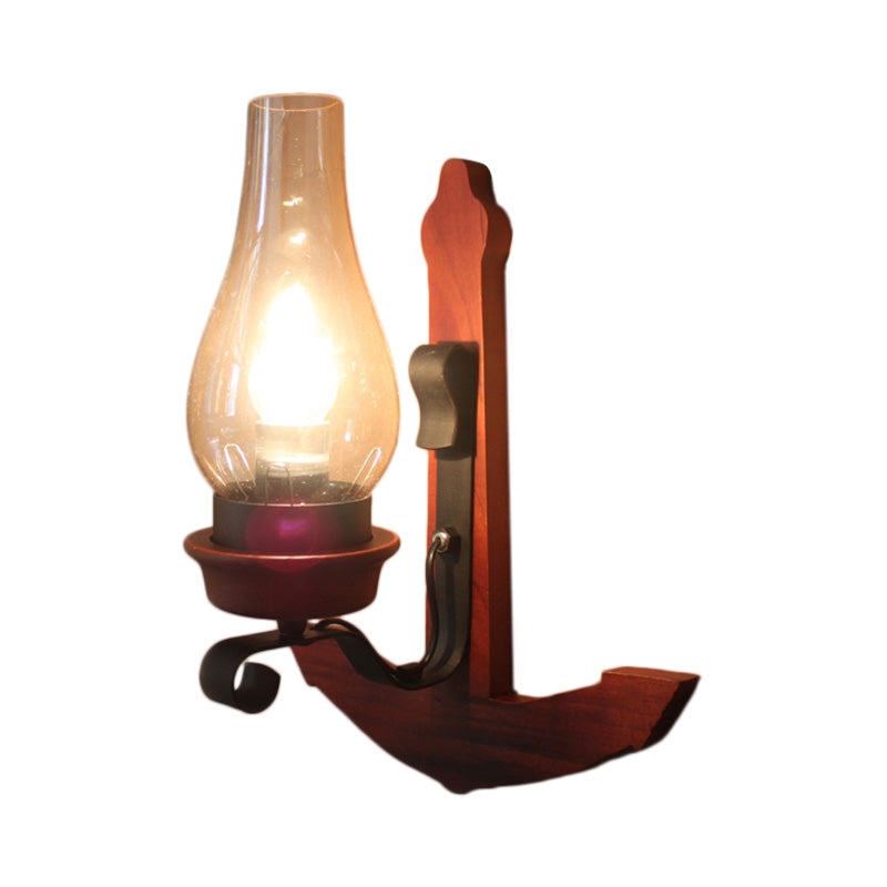 BowLift | Vase Porch Wall Lamp Light Fixture Industrial Clear Glass Red Colored Wall Lamp with Wooden Back Plate