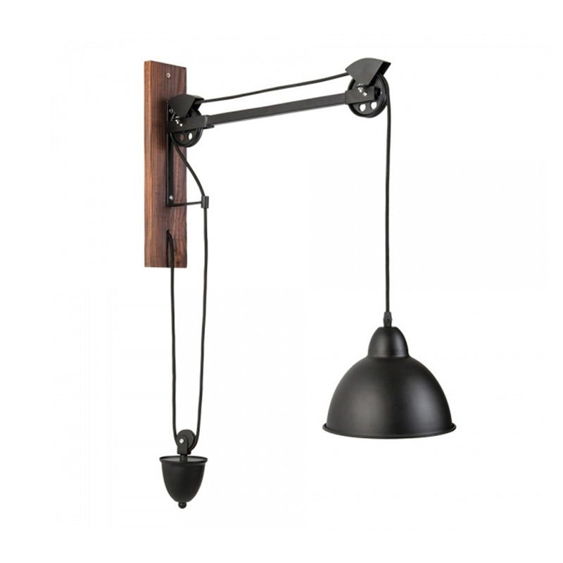 BowLift | Curved Interior Wall Mount Light Industrial Metal 1 Head Black Wall Lamp with Beige/Brown Wood Backing and Pulley