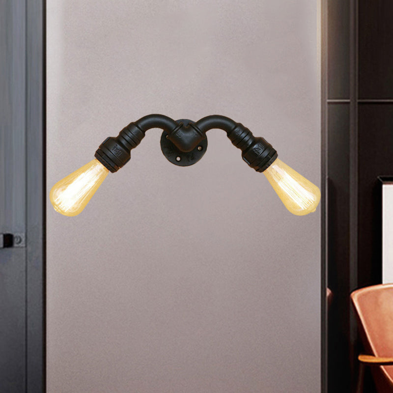 BowLift | Vintage Style Bare Bulb Wall Lamp with Pipe Design 2 Heads Metal Wall Lamp in Black for Indoor