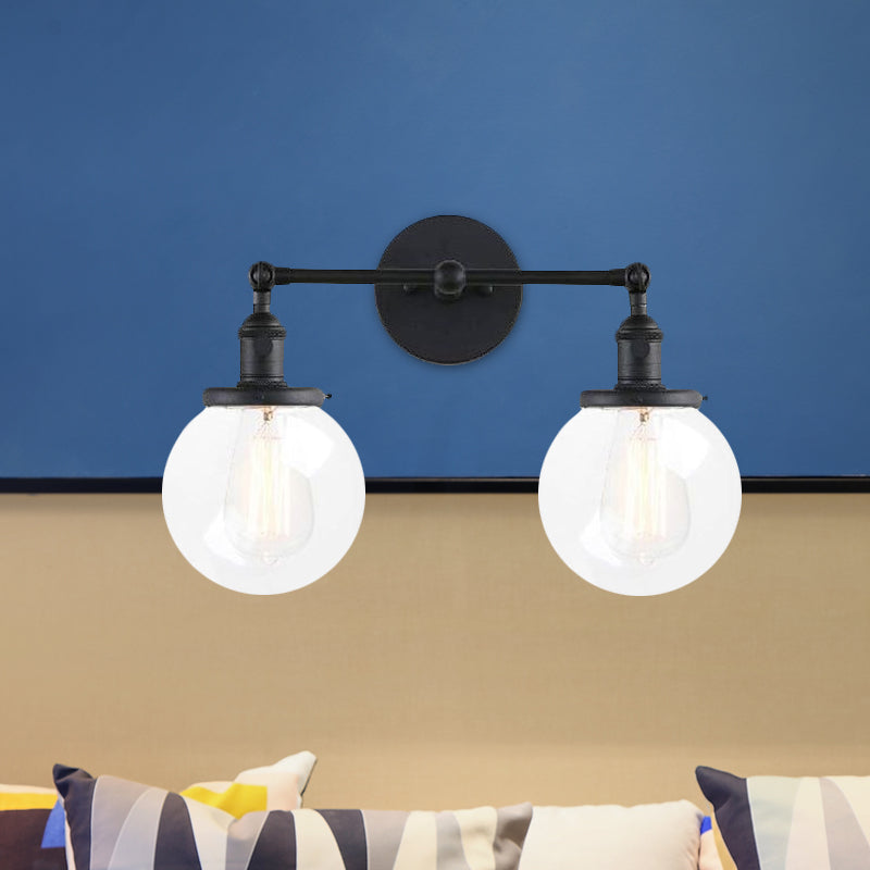 BowLift | Round Living Room Wall Light Industrial Clear Glass 2-Lamp Black/Brass Wall Lamp for the Office
