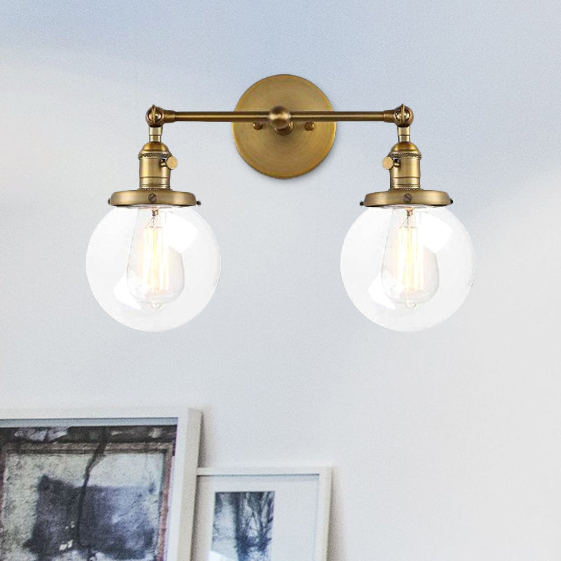 BowLift | Round Living Room Wall Light Industrial Clear Glass 2-Lamp Black/Brass Wall Lamp for the Office
