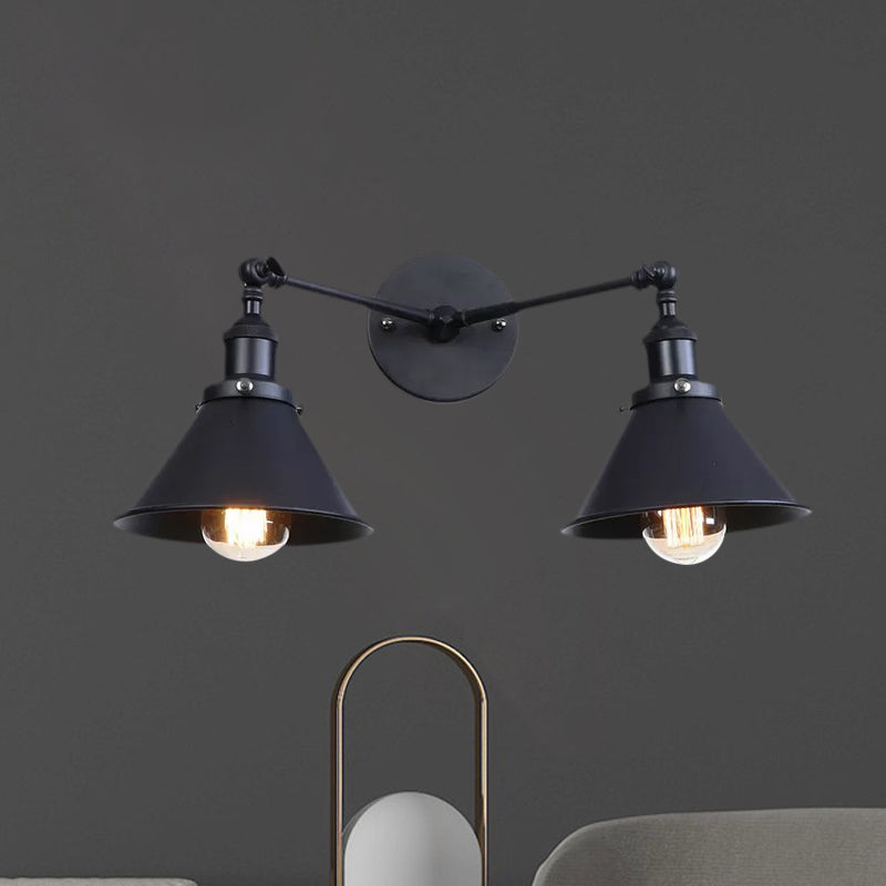 BowLift | Tapered Umbrella Iron Wall Mount Light Industrial Vintage 2 Heads Farmhouse Wall Mount Light in Black/Brass