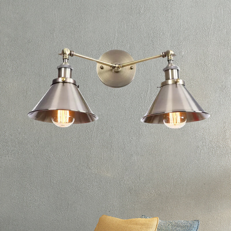 BowLift | Tapered Umbrella Iron Wall Mount Light Industrial Vintage 2 Heads Farmhouse Wall Mount Light in Black/Brass