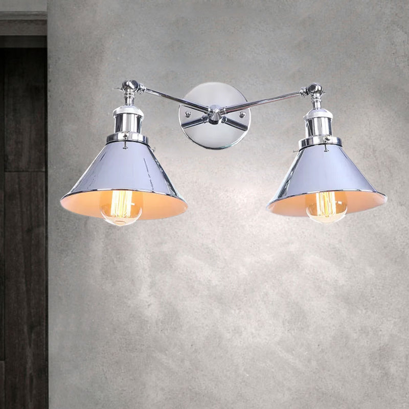 BowLift | Tapered Umbrella Iron Wall Mount Light Industrial Vintage 2 Heads Farmhouse Wall Mount Light in Black/Brass